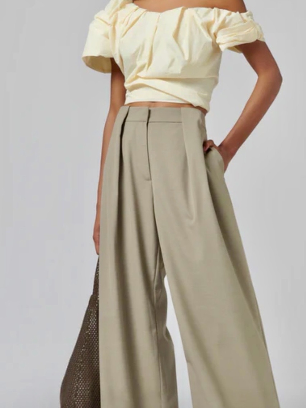 Paris Georgia Off-Shoulder Puff Sleeve Crop Top in Pale Yellow